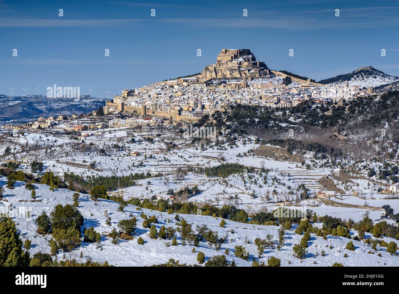 Medieval castle and walled city of Morella on a winter day after a