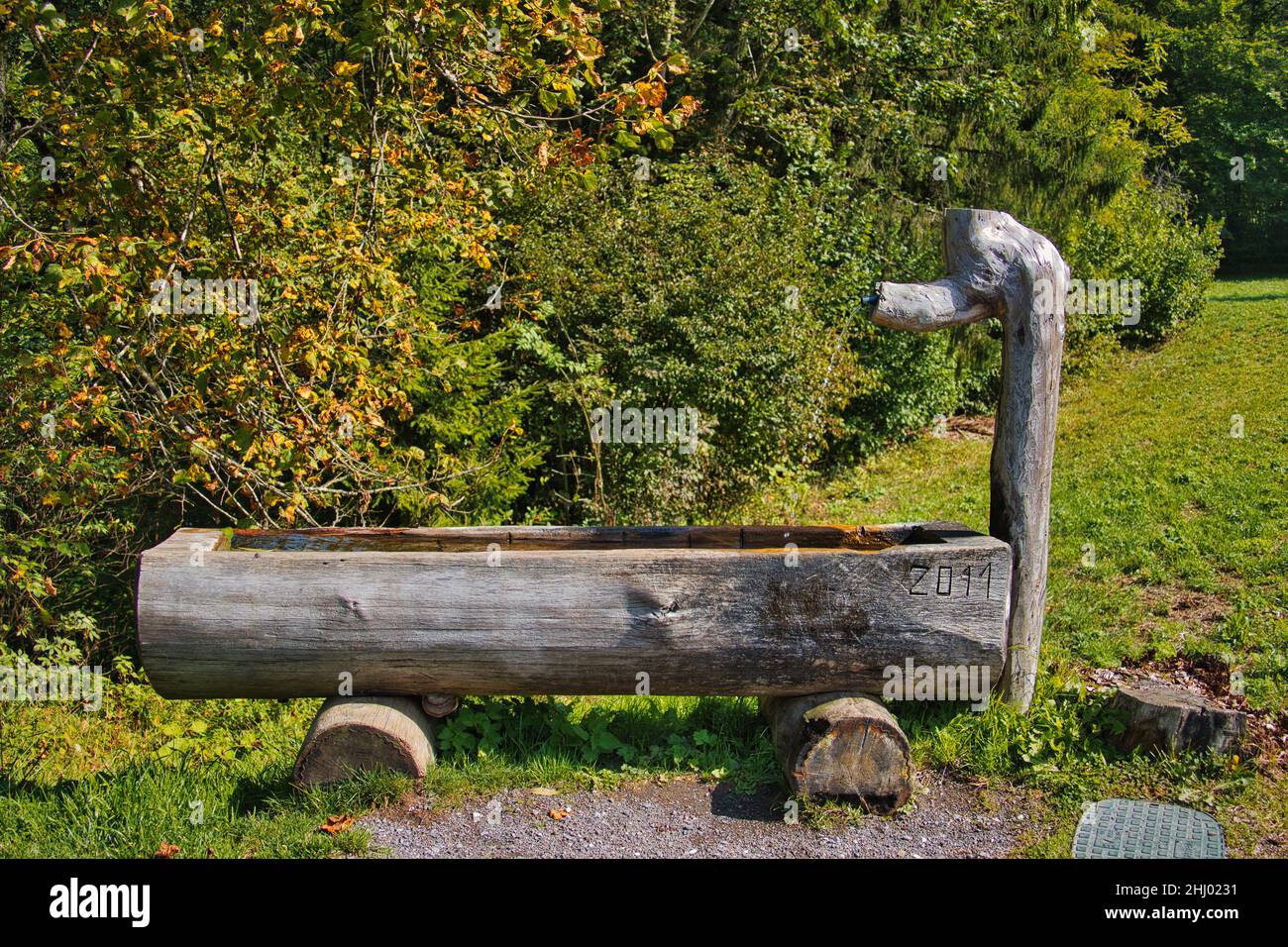 Traditional water fountain made of wood, near Sixt Fer-à-Cheval, department Haute-Savoie, in the French Alps Stock Photo
