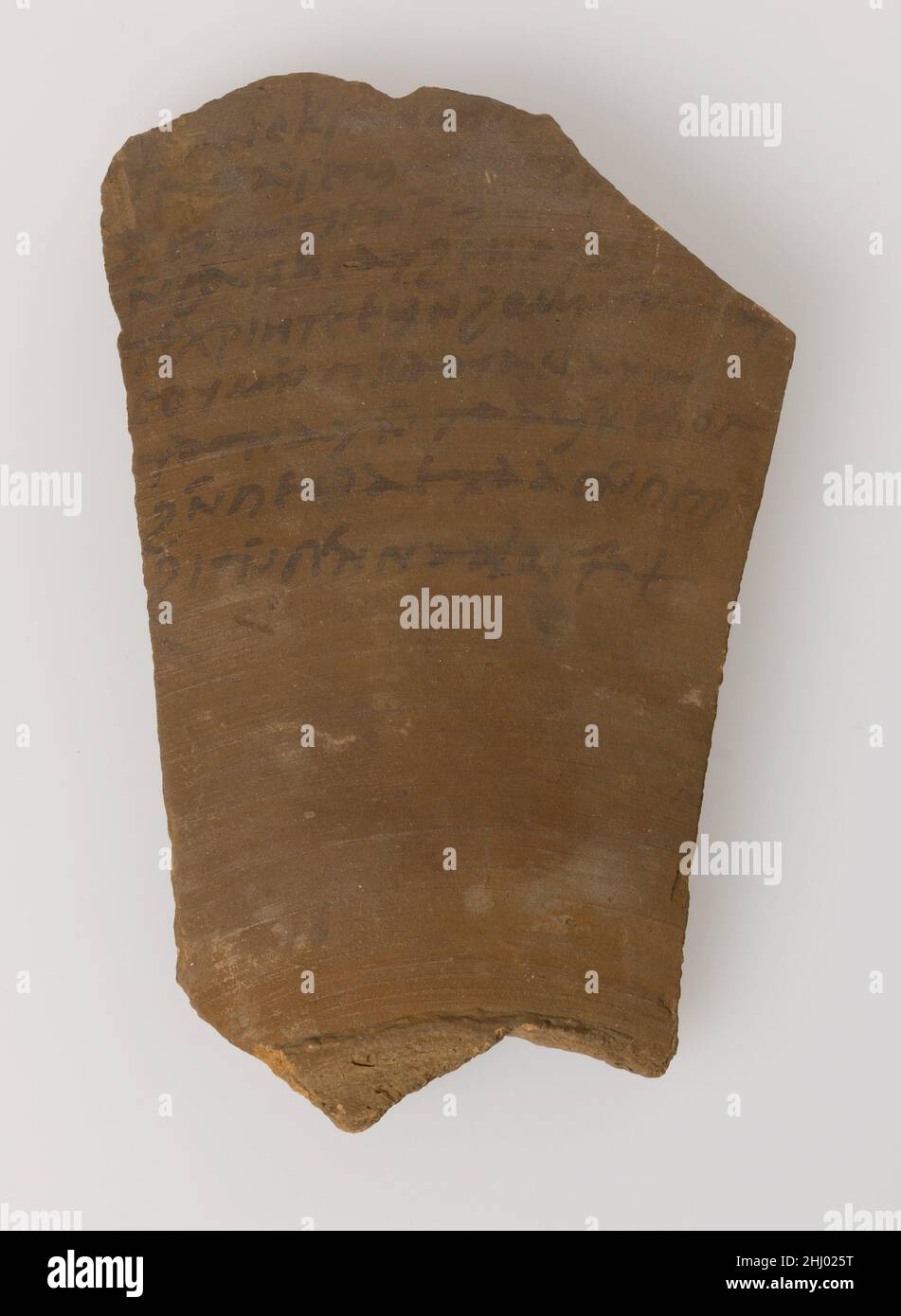 Ostrakon with a Letter from Gennadius to Peter 580–640 Coptic Ostraca are texts written on broken pottery, which were employed when parchment was unavailable or too expensive. At Epiphanius a large number of ostraca were discovered in the monastery, including in its rubbish heaps; they record biblical verses, legal documents, sermons, financial accounts, school texts, and letters requesting assistance and prayers. Some reveal that, even at the southernmost border of the Empire, people were still aware of events in the capital, Constantinople.Ostracon with a Letter from Gennadius to PeterI, Gen Stock Photo