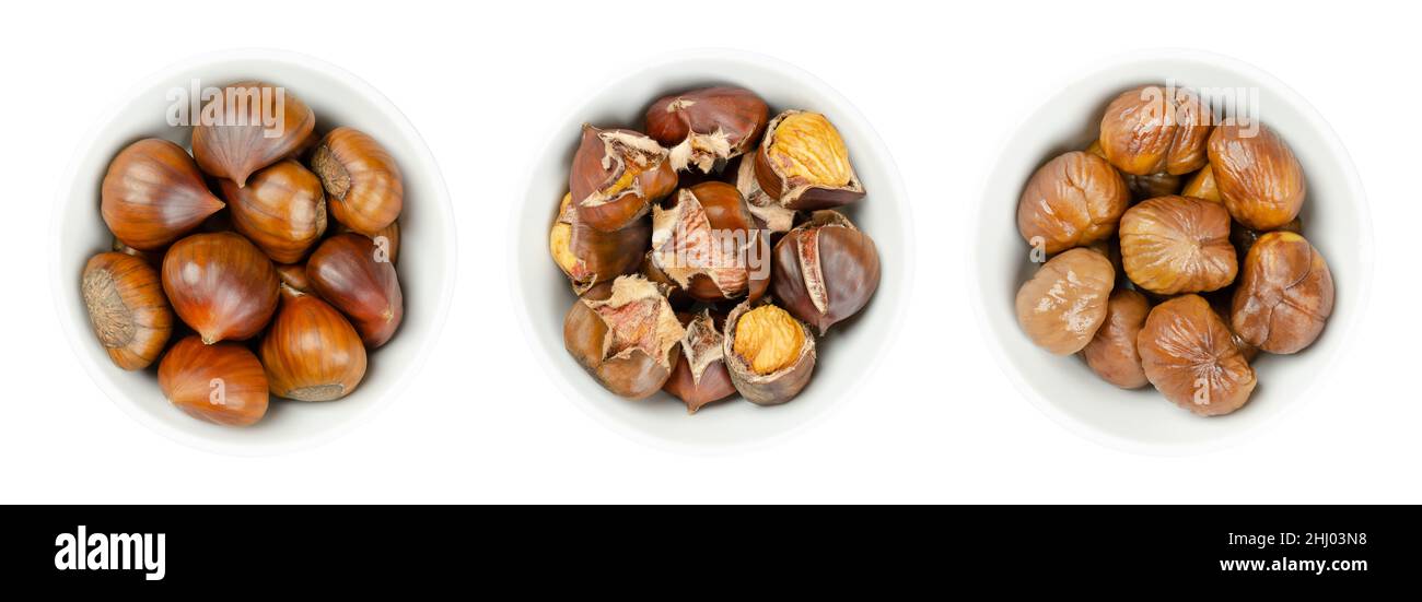 Unshelled, roasted and boiled chestnuts in white bowls. European sweet