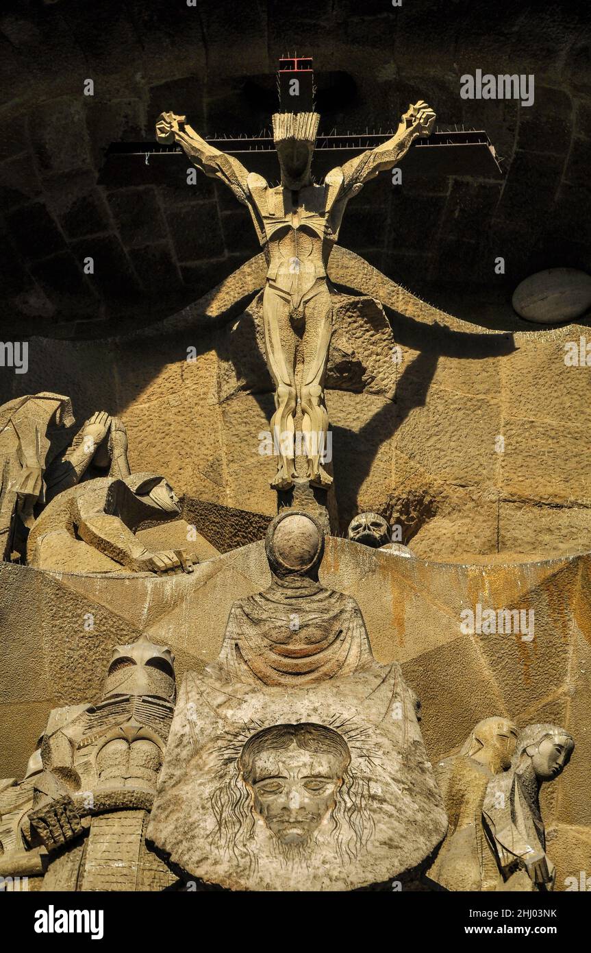 Sculptures made by Josep Maria Subirachs on the Passion Facade of the Sagrada Familia Basilica (Barcelona, Catalonia, Spain) ESP: Fachada de la Pasión Stock Photo