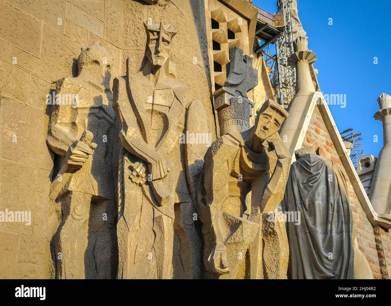 Sculptures made by Josep Maria Subirachs on the Passion Facade of the Sagrada Familia Basilica (Barcelona, Catalonia, Spain) ESP: Fachada de la Pasión Stock Photo