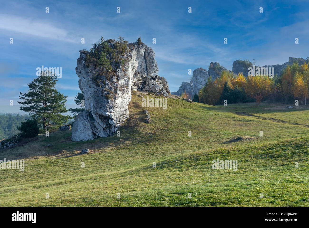 Limestone rocks in Polish Jura Krakowsko-Czestochowska near Mirow. Stock Photo