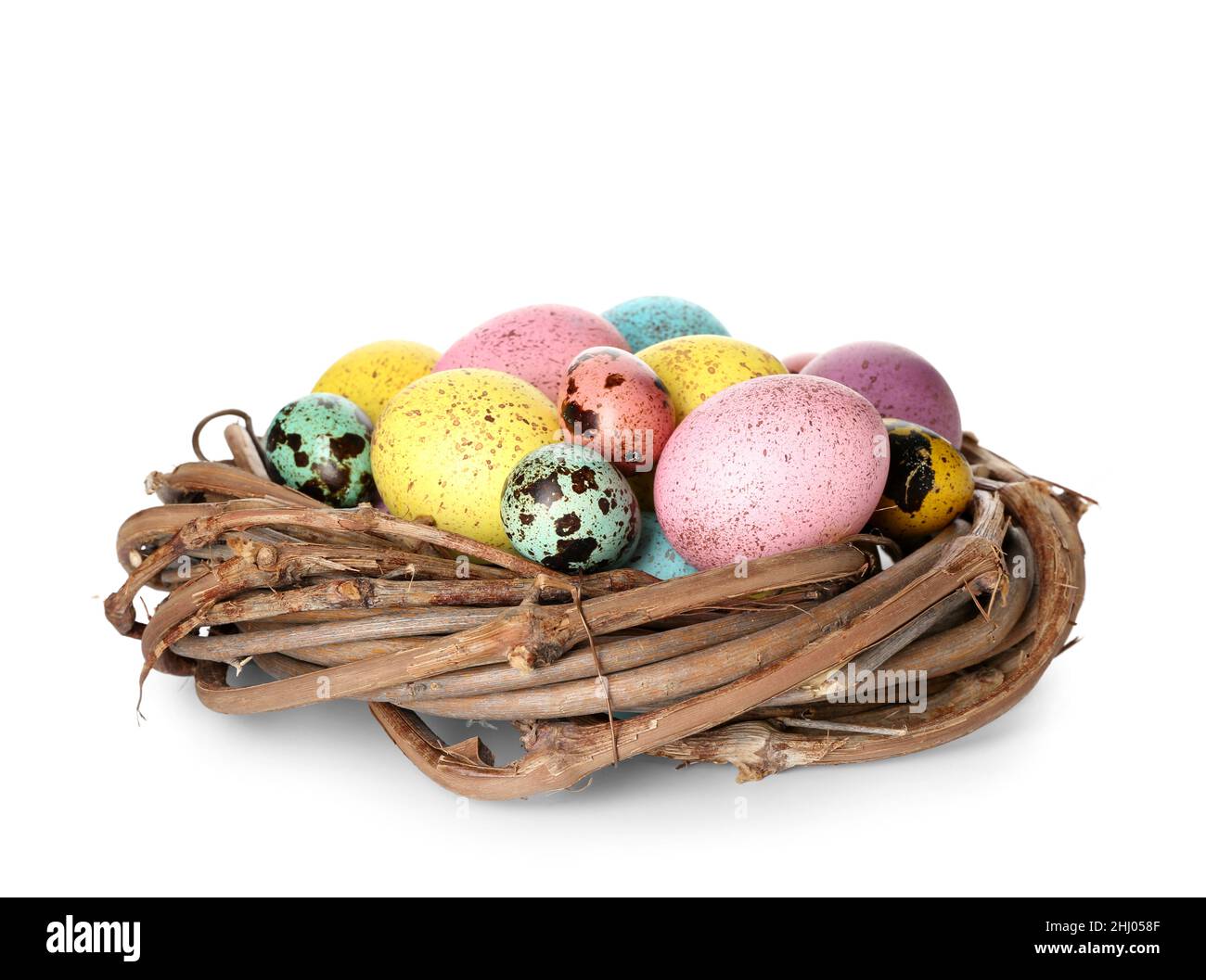 Nest with colorful Easter eggs on white background Stock Photo - Alamy