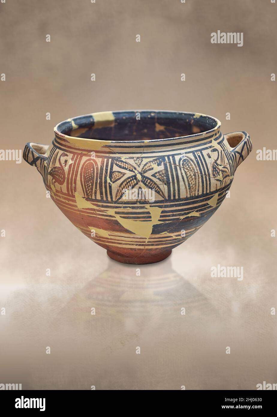 Mycenaean pottery . krater with geometric and bird designs,  Nafplion Archaeological Museum. Against warm brown art background. Photographer Paul E Wi Stock Photo