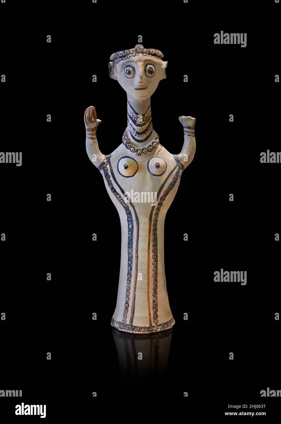 Mycenaean pottery figurine statuette of a goddess made on a pottery wheel, Tiryns Lower Citadel, 12th cent BC. . Against black background. Photographe Stock Photo