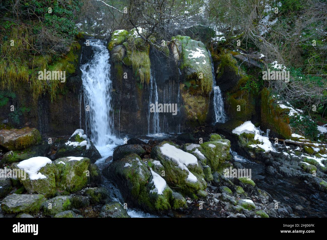 Source of the Bastareny river snowy in winter, in the Cadí-Moixeró Natural Park (Bagà, Barcelona, Catalonia, Spain, Pyrenees) Stock Photo