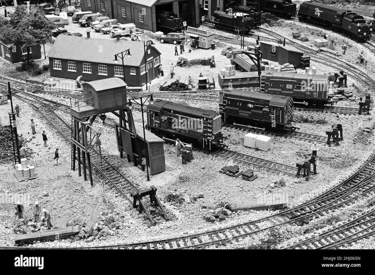 Three class 08 shunters in railway sidings on a model railway Stock