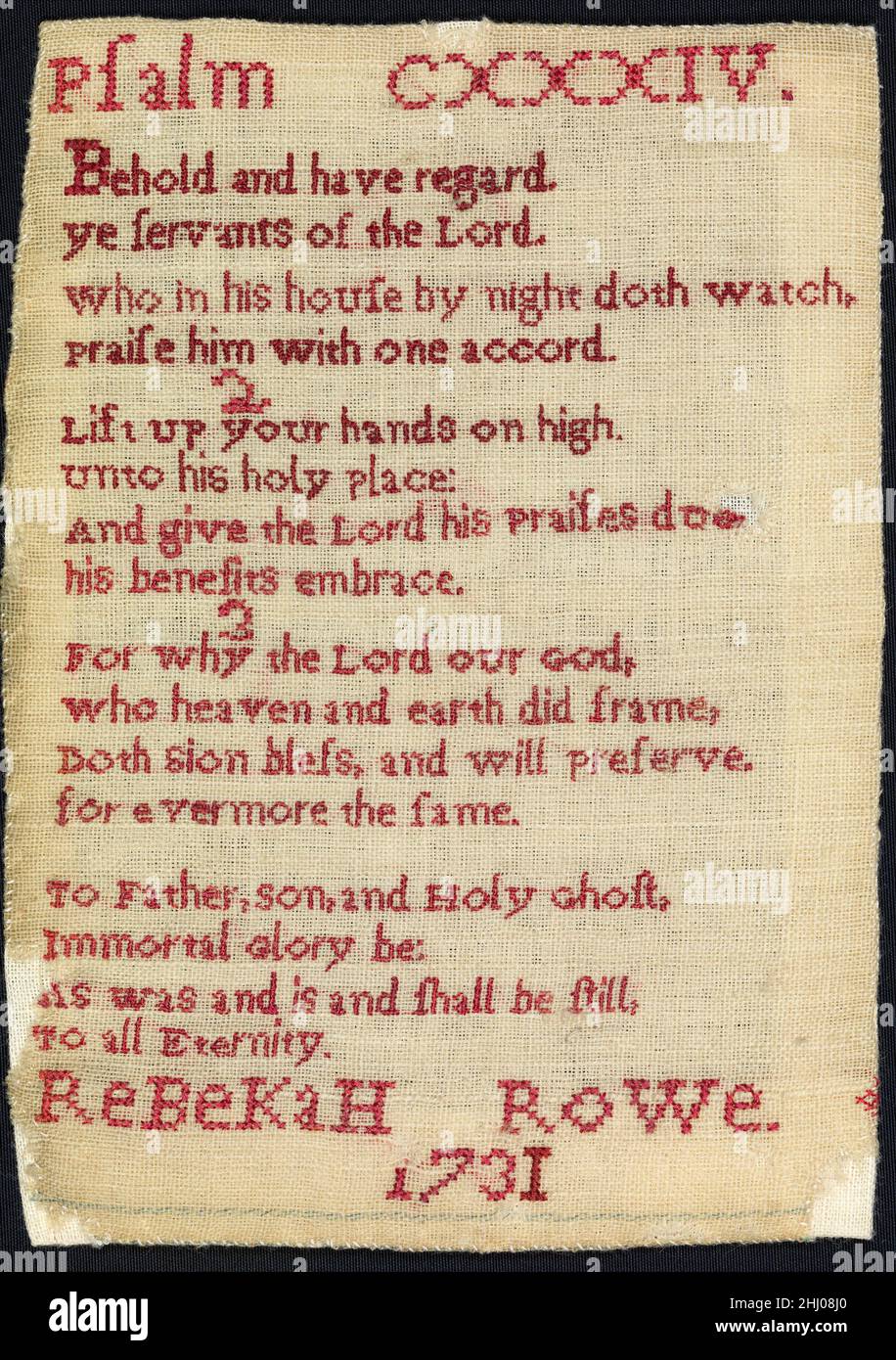 Sampler made at a charity school 1731 Rebekah Rowe The earliest British charity schools for poor and orphaned children were founded around the country by local gentry, to support and educate children whose families lived in the vicinity. In the eighteenth century, the number of institutions increased significantly. Arguably the most famous of these is the Foundling Hospital in London established by Thomas Coram in 1741; the charity still exists today as the Thomas Coram Foundation for Children. This small sampler is a rare example from the first half of the 18th century.. Sampler made at a cha Stock Photo