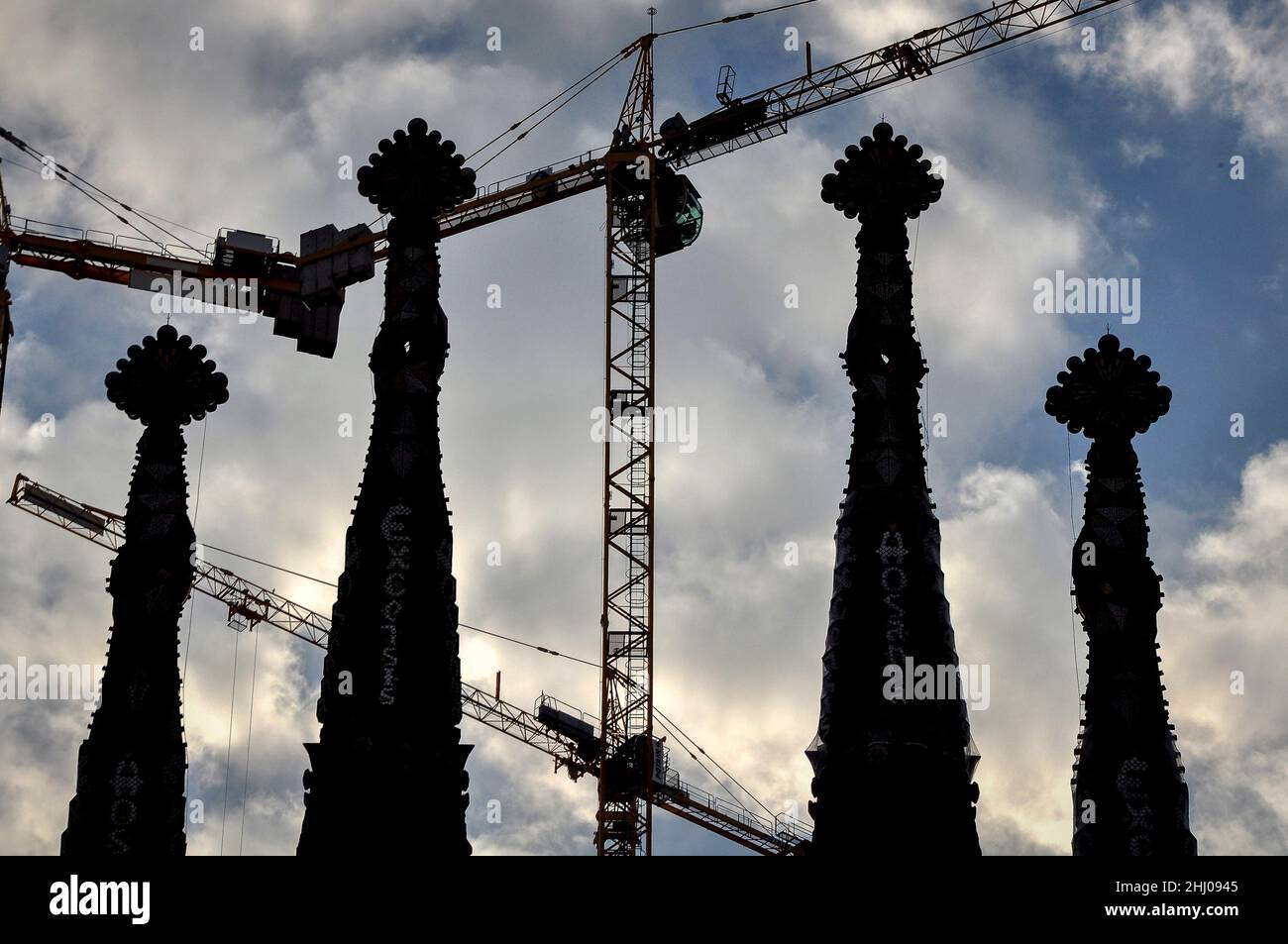 Towers of the Nativity façade of the Sagrada Familia basilica on an