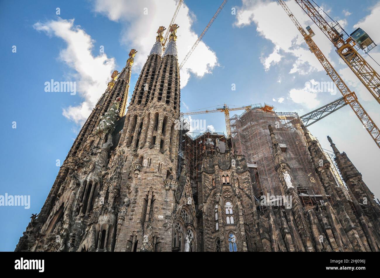 Towers of the Nativity façade of the Sagrada Familia basilica on an