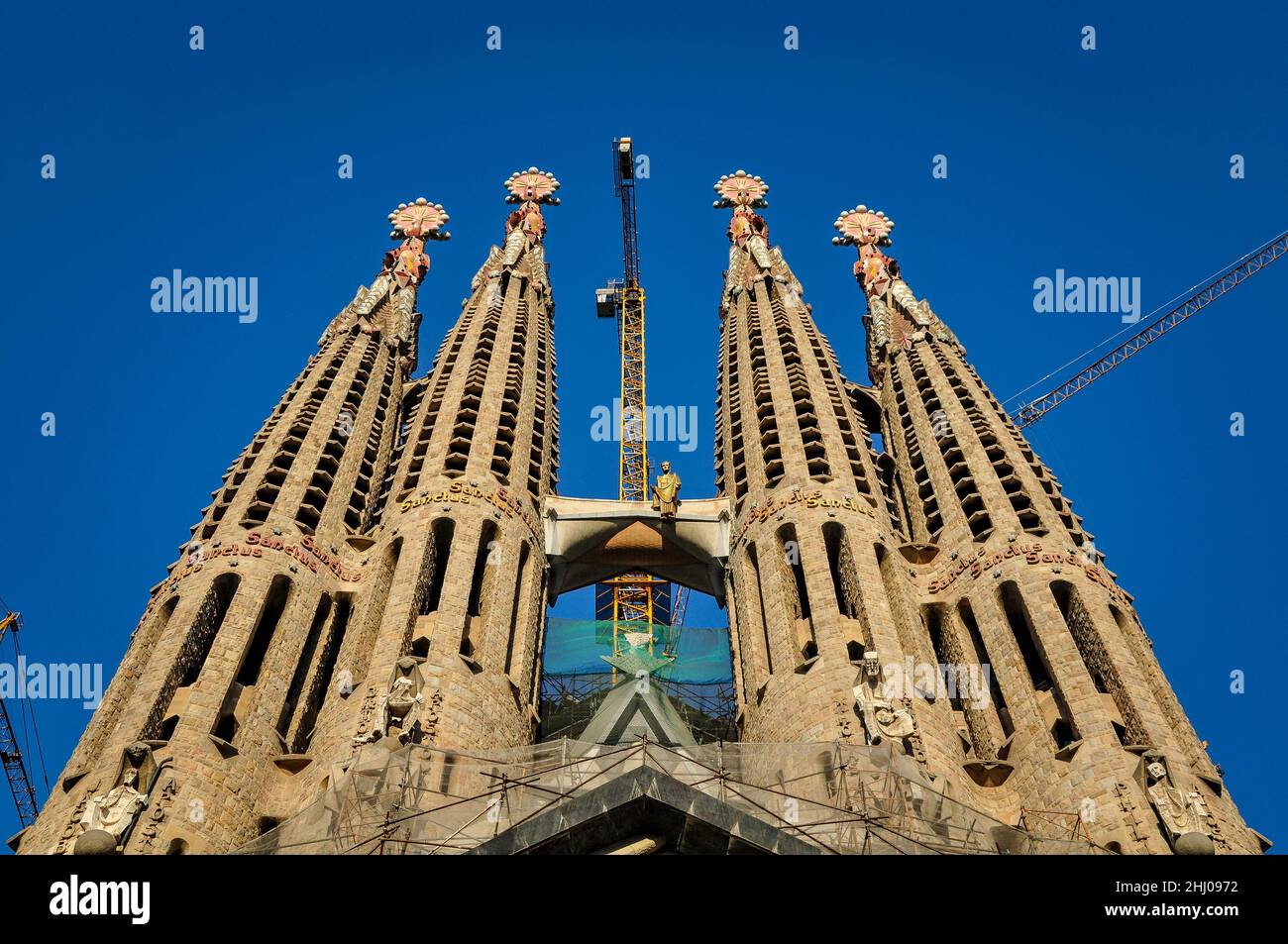 Towers of the Passion façade of the Sagrada Familia basilica on an afternoon in 2010 (Barcelona, Catalonia, Spain) ESP: Torres de la Pasión, Barcelona Stock Photo