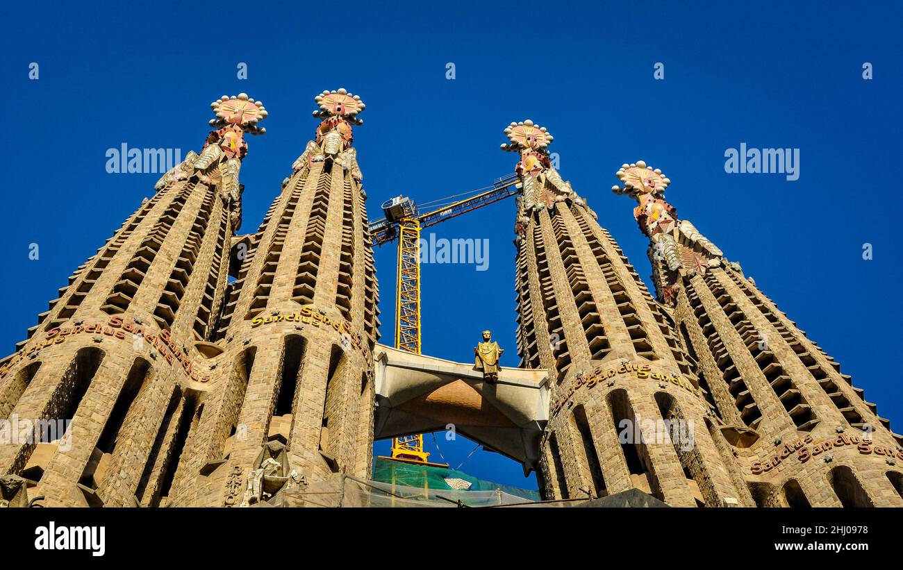 Towers of the Passion façade of the Sagrada Familia basilica on an afternoon in 2010 (Barcelona, Catalonia, Spain) ESP: Torres de la Pasión, Barcelona Stock Photo