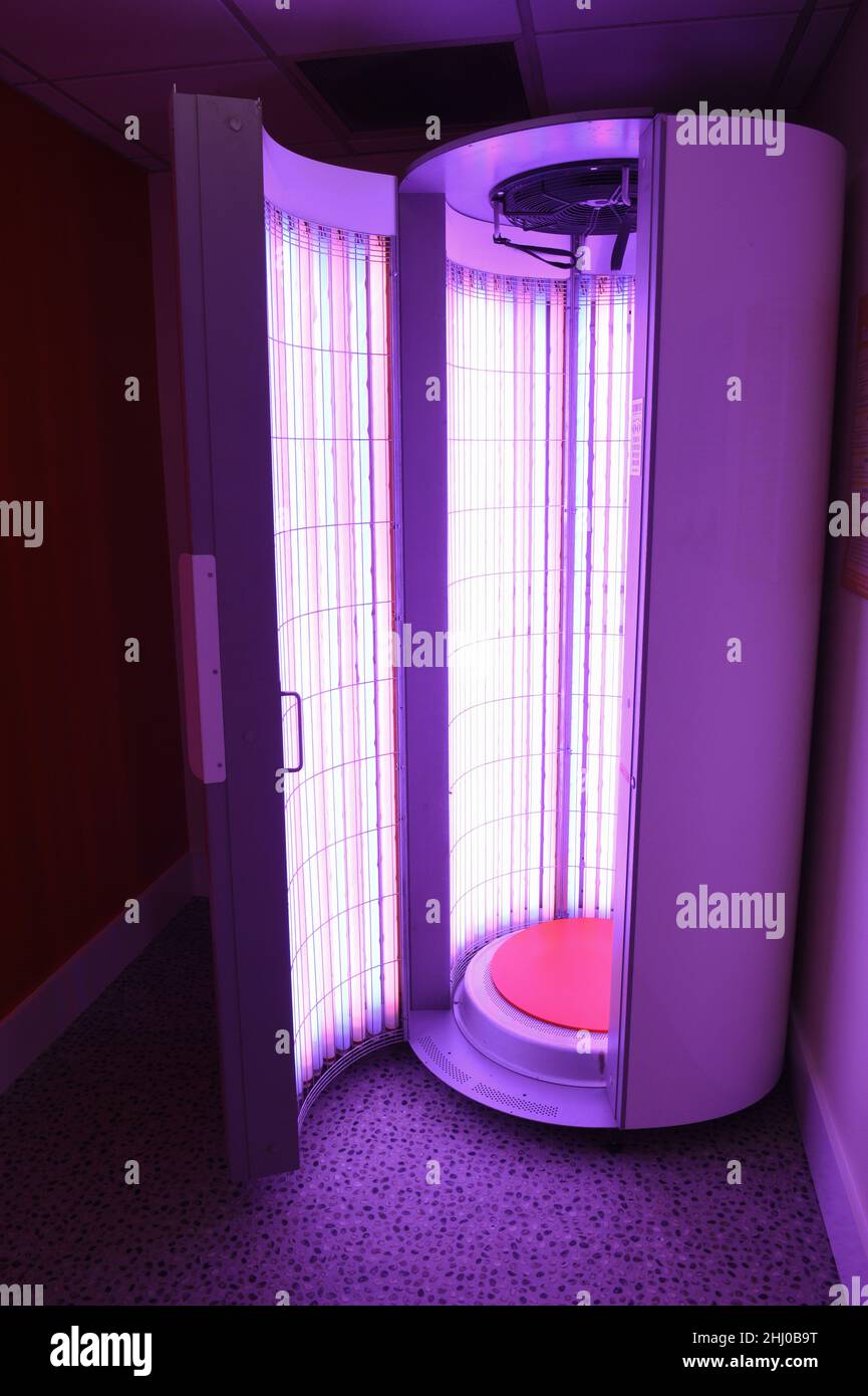 Interior tanning studio called Tan Express that went out of business Autumn 2021 in the UK. They provided a chain of salons that were fully automated Stock Photo