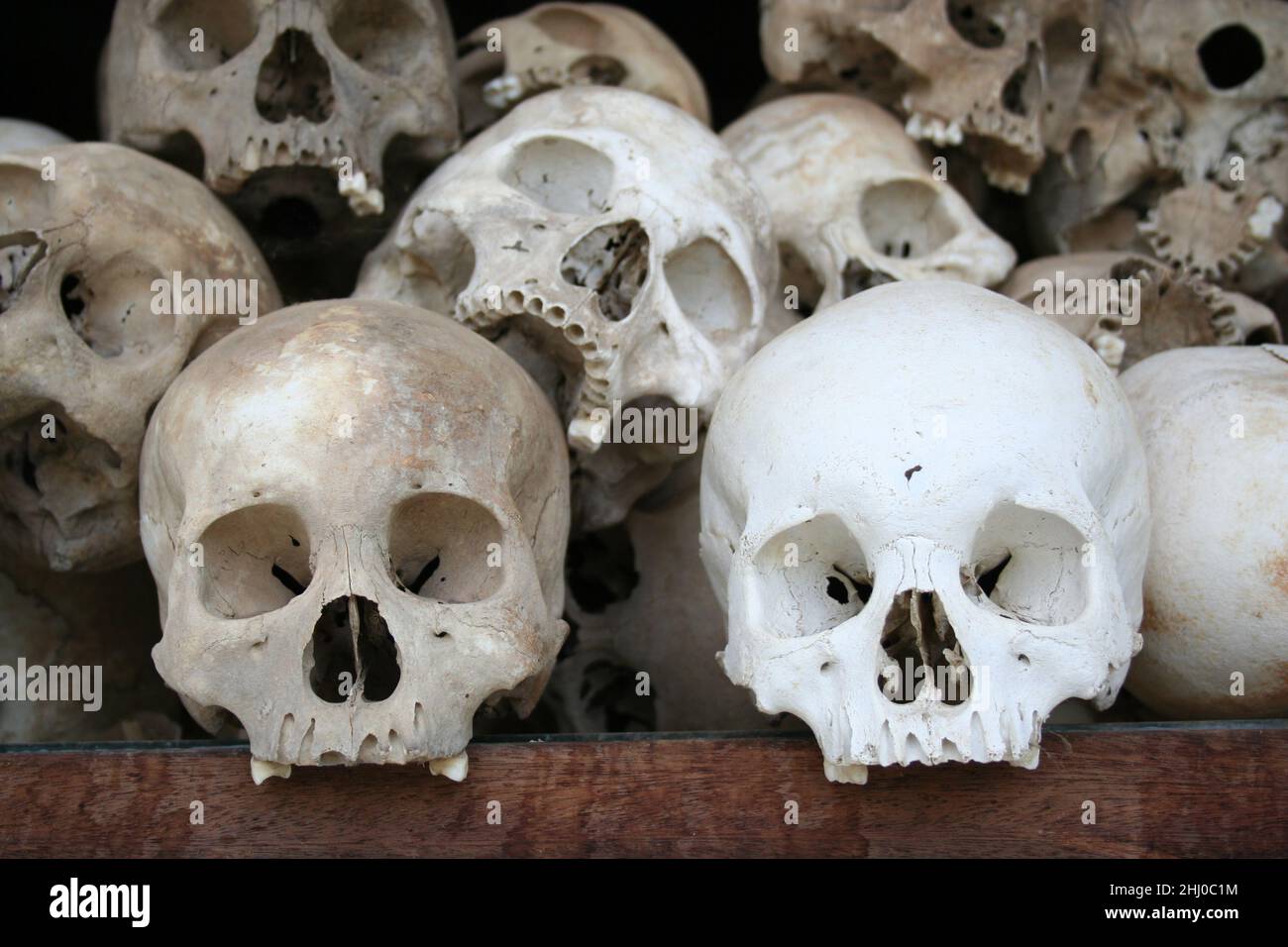 Skulls of the victimes of the Khmer Rouge regime inside a memorial at Choeung Ek, more popularly known as the Killing Fields, located south of Phnom P Stock Photo