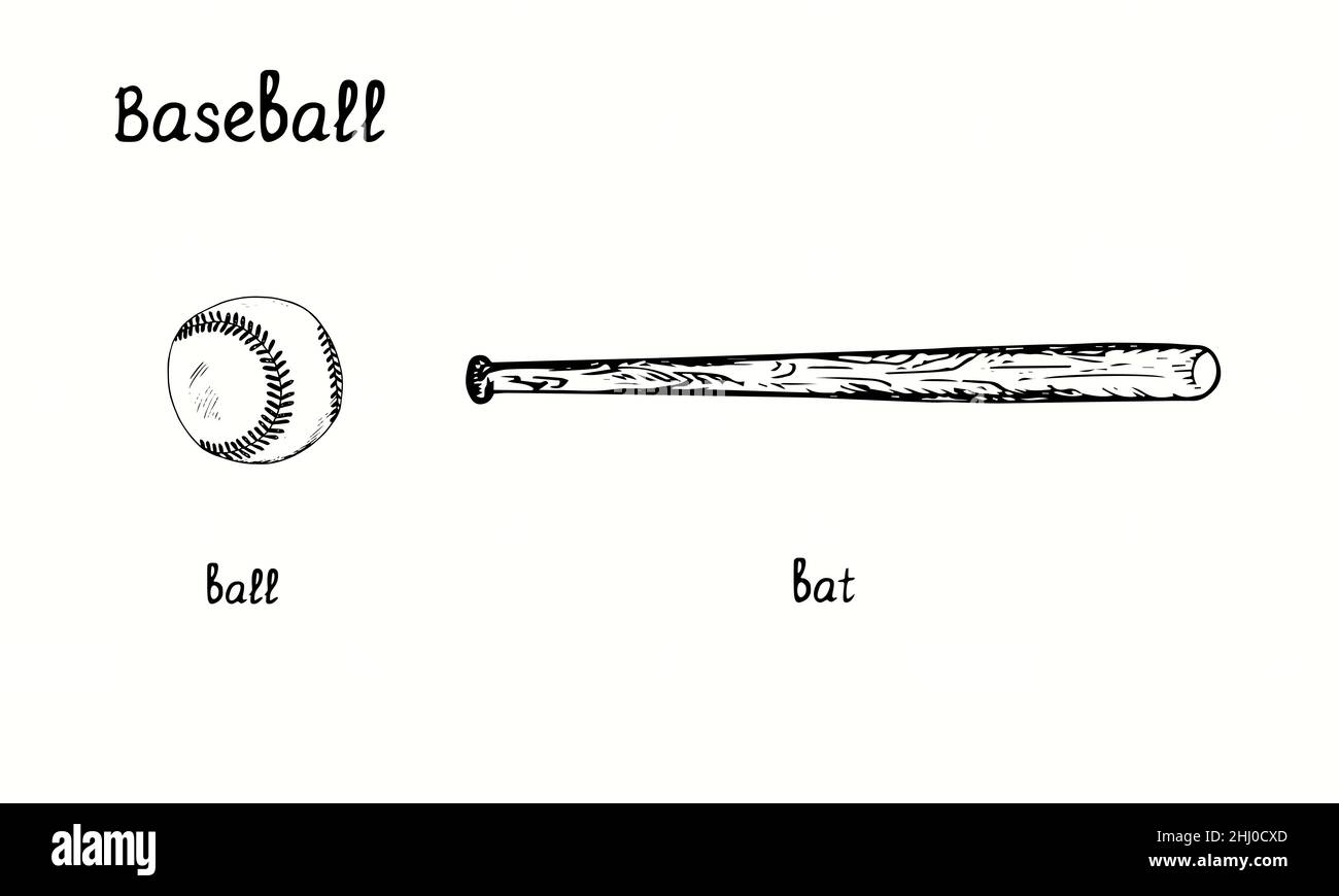 Baseball ball and bat. Ink black and white doodle drawing in woodcut style Stock Photo Alamy