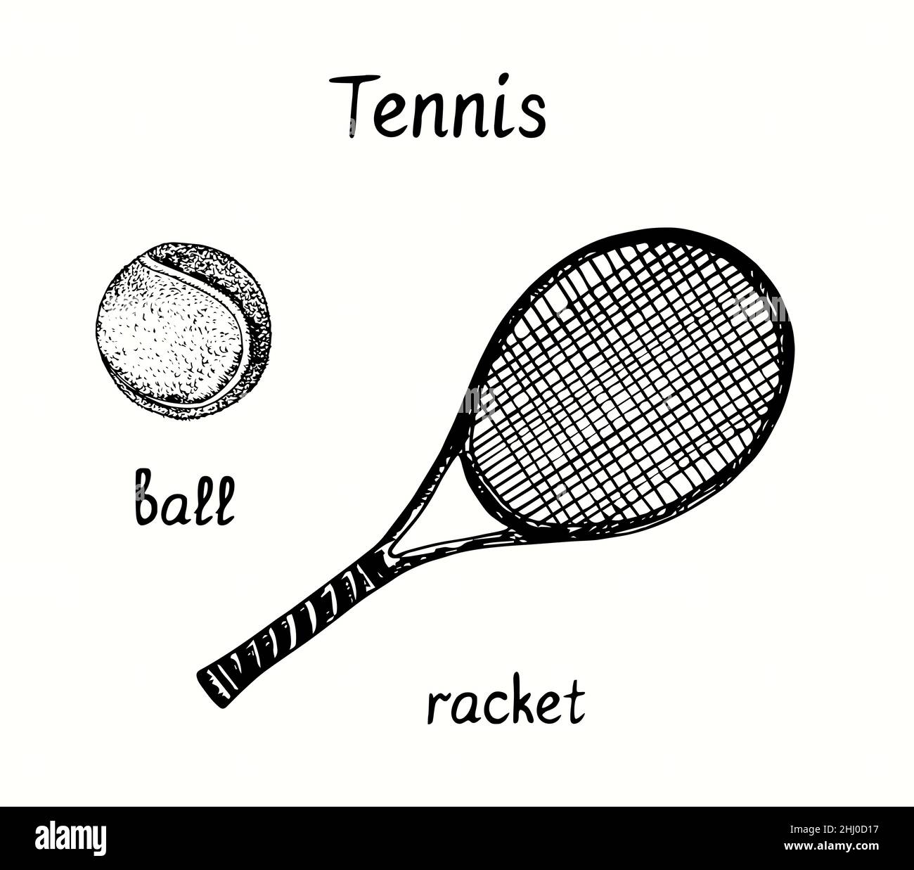 Tennis racket and ball. Ink black and white doodle drawing in woodcut style. Stock Photo