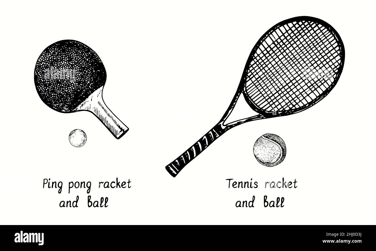 Ping pong racket and ball and tennis racket and ball. Ink black and white doodle drawing in woodcut style. Stock Photo
