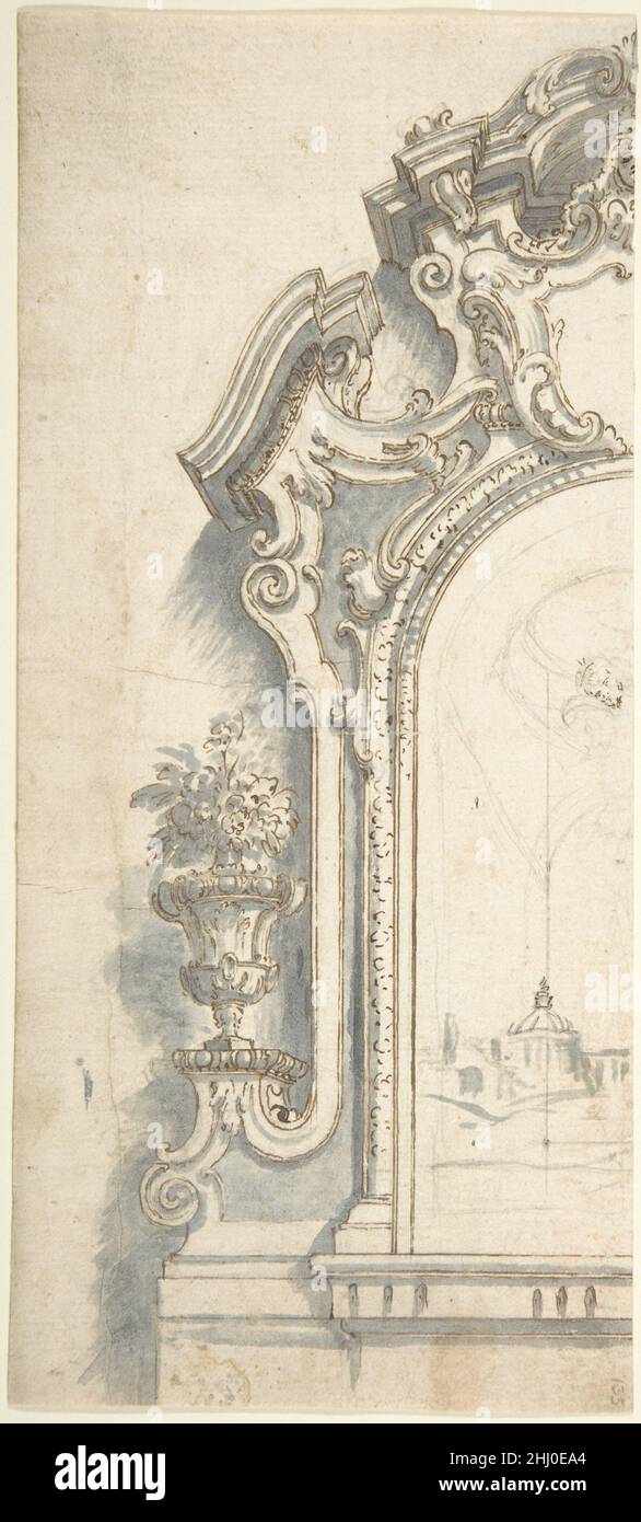 Design for Left Side of an Altarpiece Frame 1700–1780 Anonymous, Italian, Piedmontese, 18th century Italian. Design for Left Side of an Altarpiece Frame. Anonymous, Italian, Piedmontese, 18th century. 1700–1780. Pen and brown ink, brush and gray wash, over leadpoint or graphite, with ruled and compass construction. Drawings Stock Photo