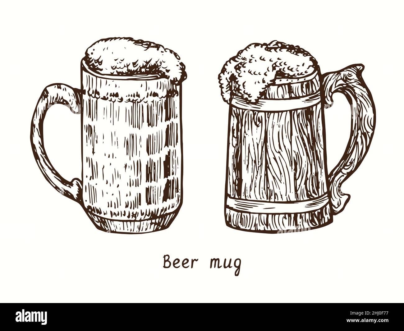 Glass and wooden (tankard) beer mug. Ink black and white doodle drawing