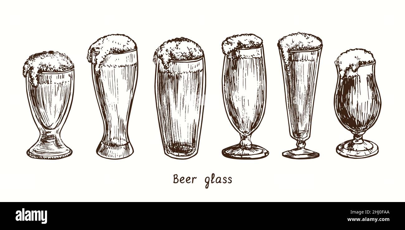 Beer glass types, schooner, weizen, Willi Becher (willybecher), pilstulpe, pilsner and stemmed pokal. Ink black and white doodle drawing Stock Photo