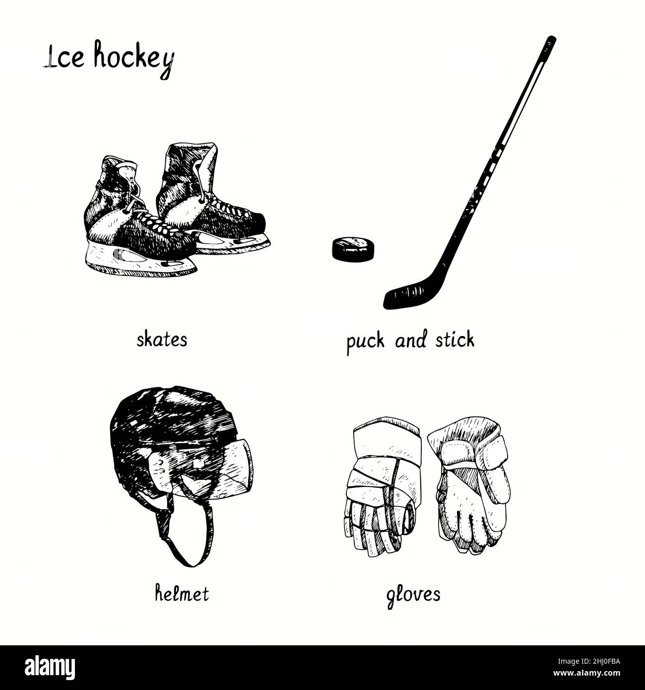 Ice hockey skates, stick and puck, helmet, gloves. Ink black and white