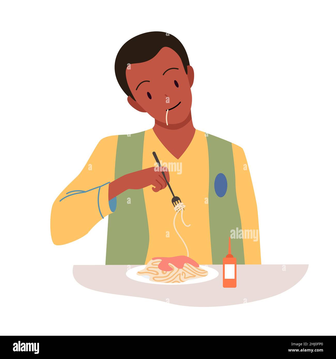 Man eating pasta, Italian food, student holding fork in hand to eat