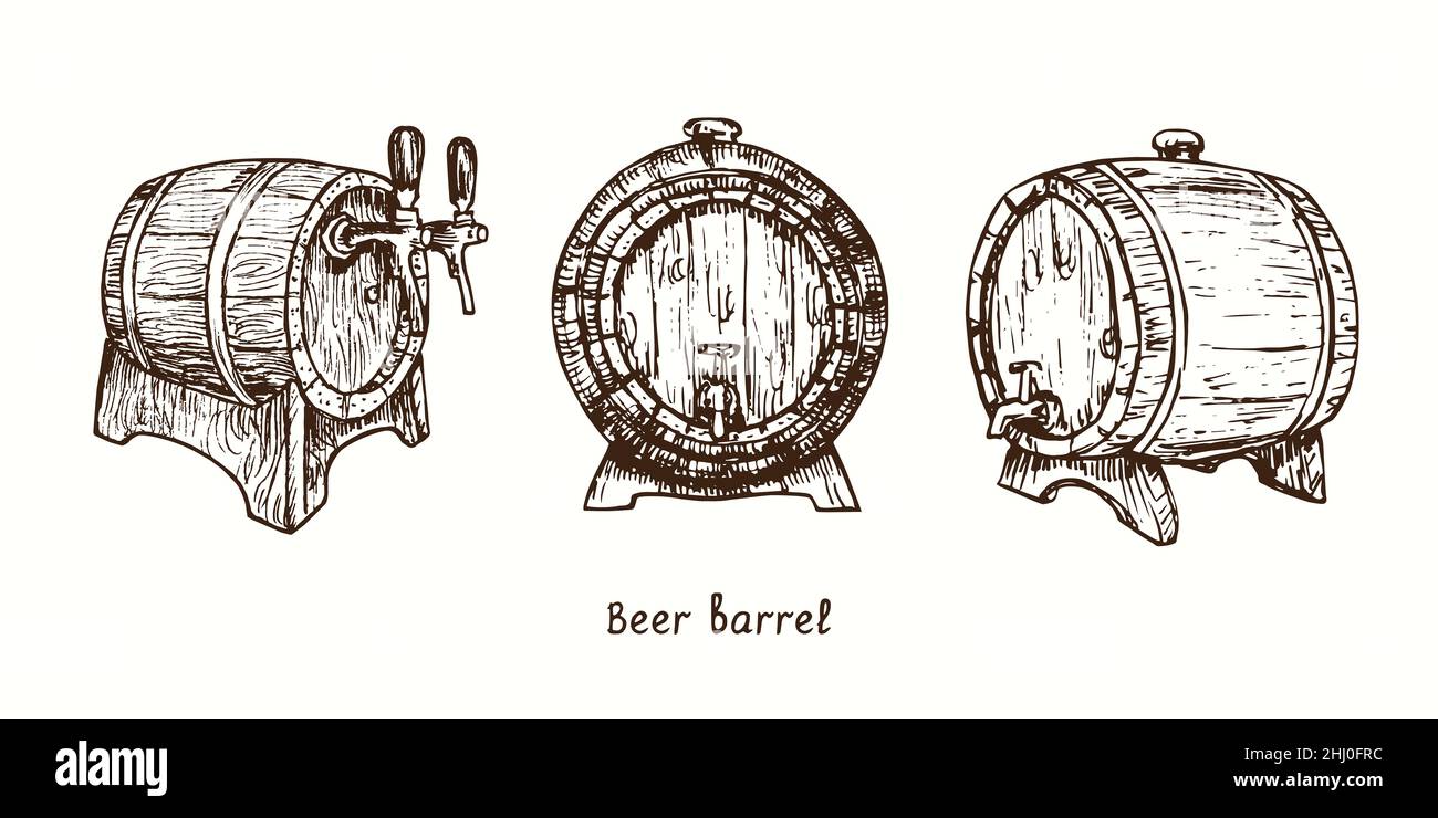 Beer barrels collection with taps. Ink black and white doodle drawing in woodcut style. Stock Photo