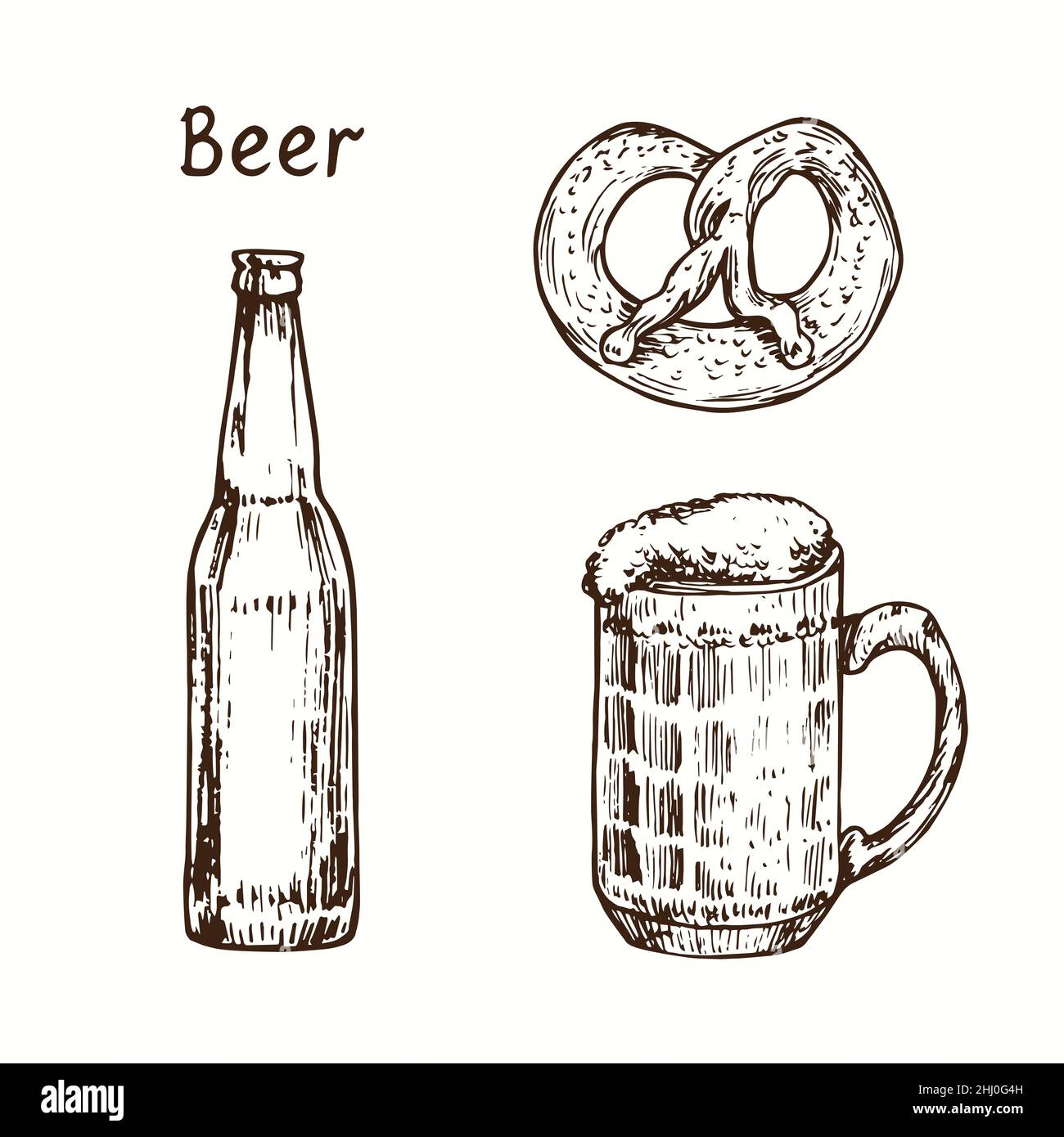 Beer bottle, mug and pretzel. Ink black and white doodle drawing in woodcut style. Stock Photo