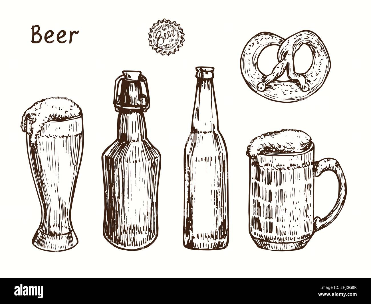 Beer bottles, glass, mug and pretzel. Ink black and white doodle drawing in woodcut style. Stock Photo