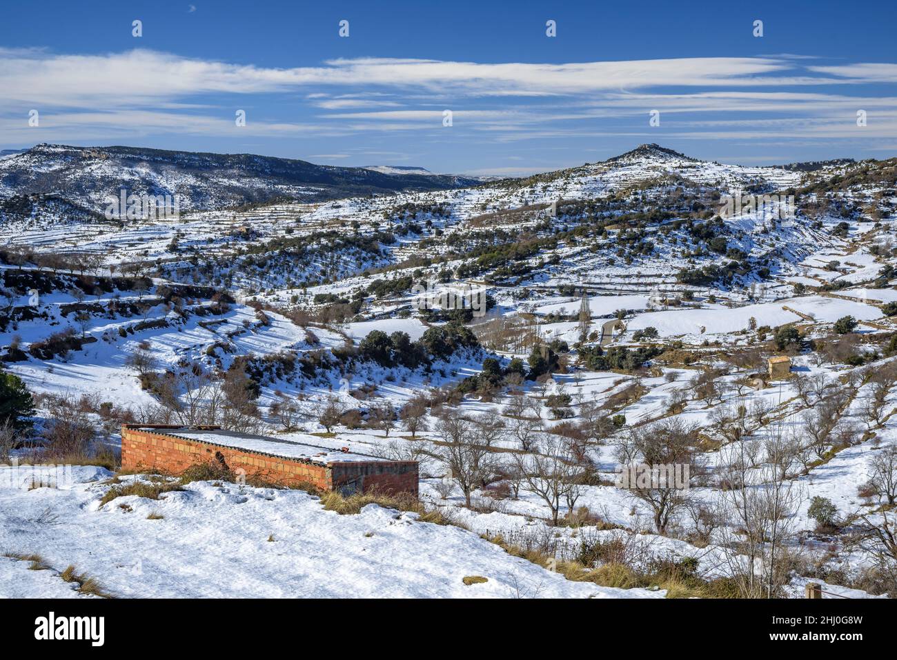 Snowy region of Els Ports (Los Puertos) in winter, near Morella (province of Castellón, Valencian Community, Spain) ESP: Región de Els Ports nevada Stock Photo