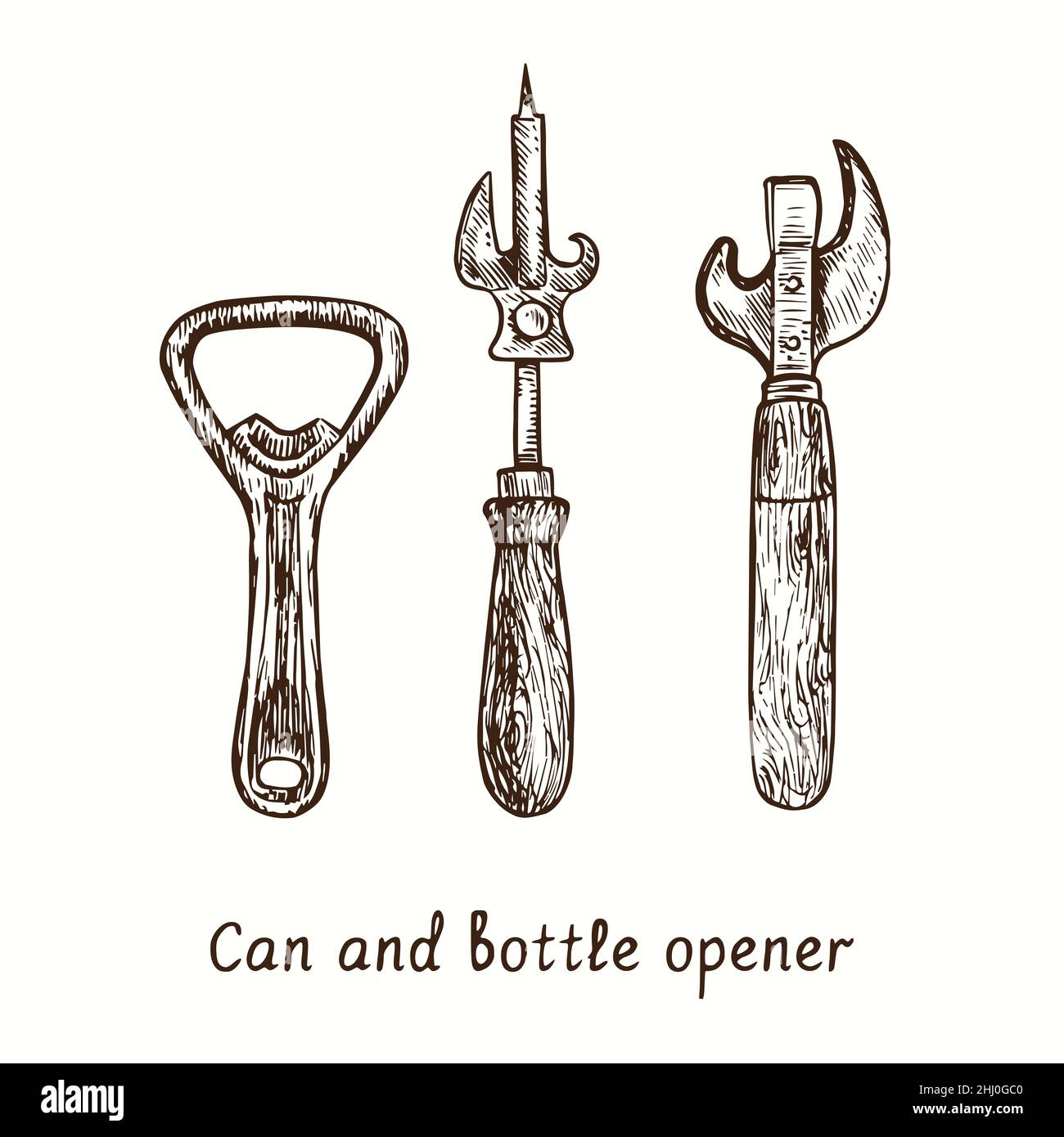 Can and bottle opener collection. Ink black and white doodle drawing in woodcut style. Stock Photo