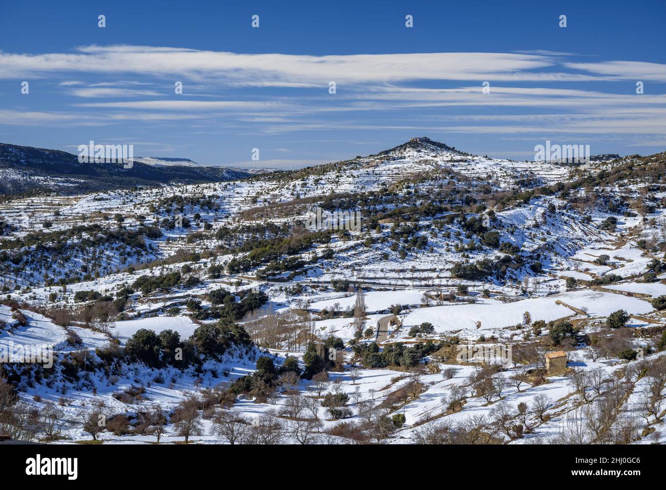 Snowy region of Els Ports (Los Puertos) in winter, near Morella (province of Castellón, Valencian Community, Spain) ESP: Región de Els Ports nevada Stock Photo