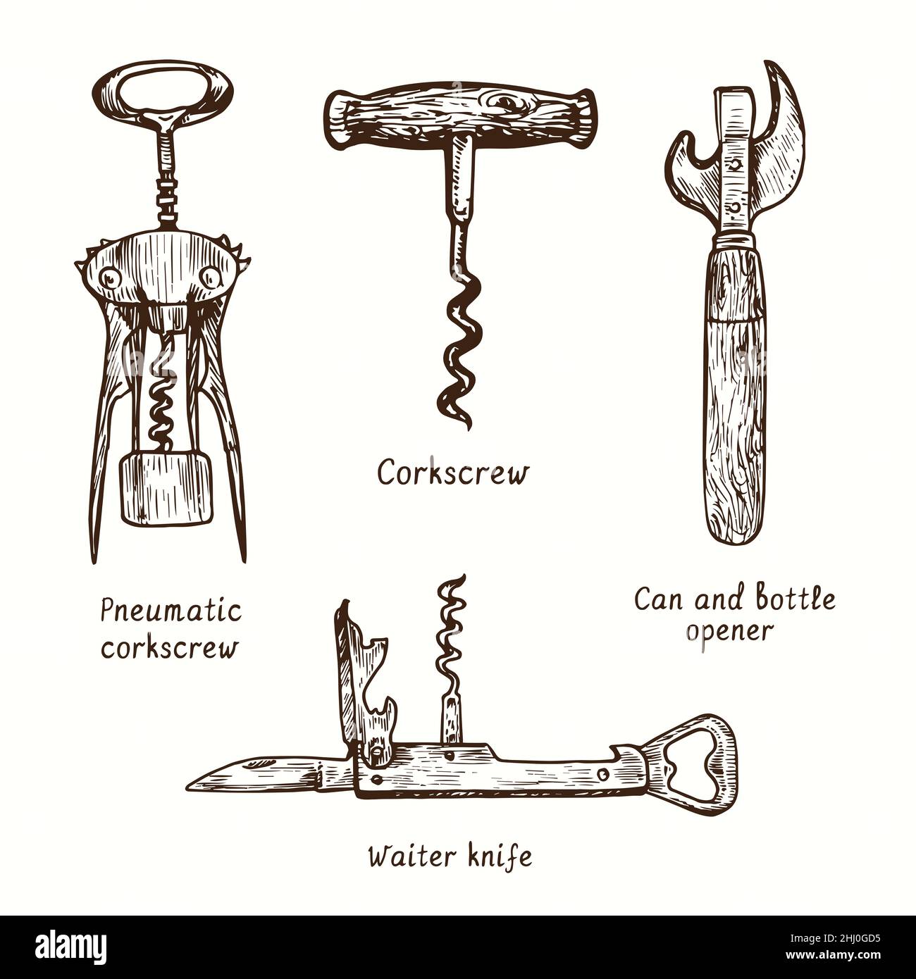 Pneumatic corkscrew, corkscrew, can and bottle opener and waiter knife. Ink black and white doodle drawing in woodcut style. Stock Photo