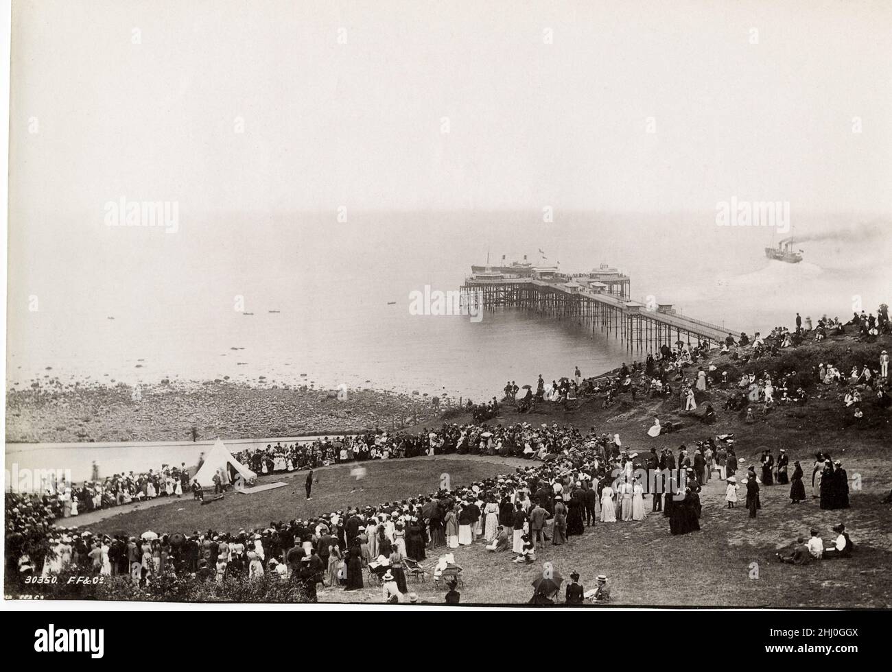 Vintage photograph, late 19th, early 20th century, view of 1892 - Staged play beside The Pier, Llandudno, North Wales Stock Photo