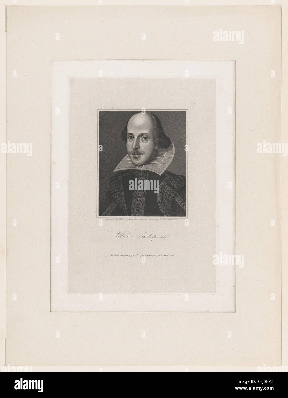 William Shakespeare 1827 Charles Picart Created for Abraham Wivell's 'Inquiry into the History of the Shakespeare Portraits' (1827), Picart's print accurately reduces Droeshout's famous title page engraving in the First Folio (1623). The Bard is distinguished by his prominent forehead, long hair covering his ears, mustache and mouche (patch of hair below his lower lip). He wears a starched white collar, a doublet adorned with lace or braid, and fastened by covered buttons. Since the original image was approved by actor friends of Shakespeare, who edited the 1623 publication, and accompanied by Stock Photo