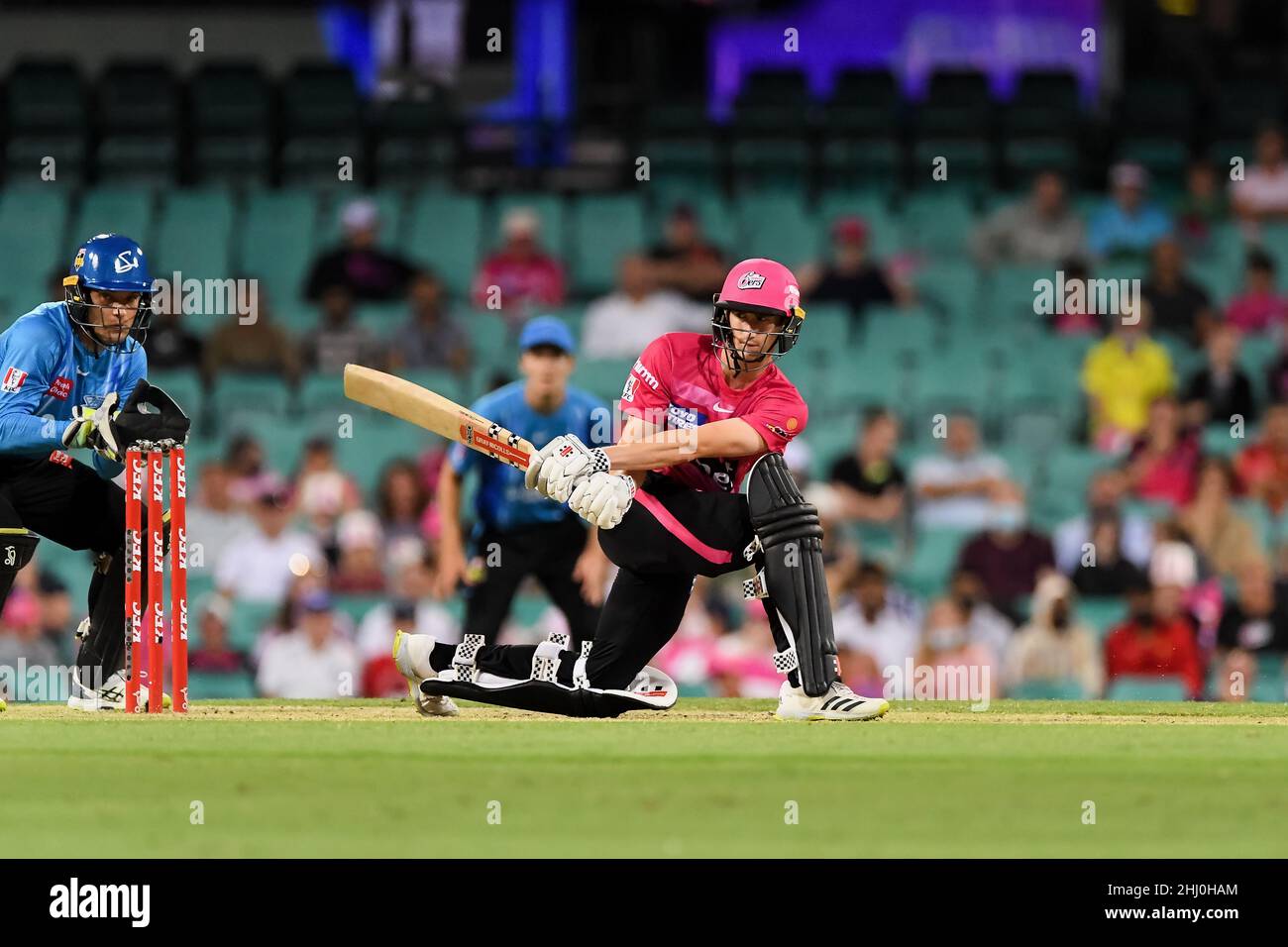 Sydney, Australia, 26 January, 2022. Carlos Brathwaite of the Sixers hits the ball during the Big Bash League Challenger cricket match between Sydney Sixers and Adelaide Strikers at The Sydney Cricket Ground on January 26, 2022 in Sydney, Australia. Credit: Steven Markham/Speed Media/Alamy Live News Stock Photo