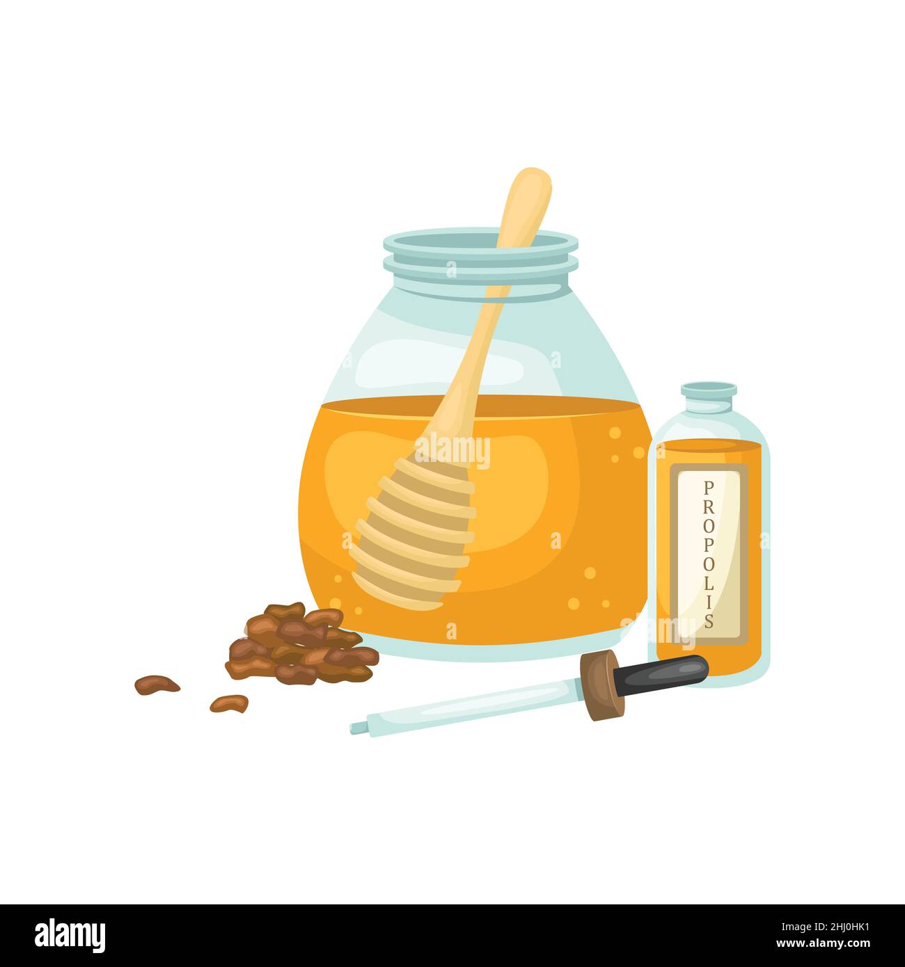 Vector illustration of a jar of honey, tincture and pieces of propolis. Biologically active additive. Stock Vector