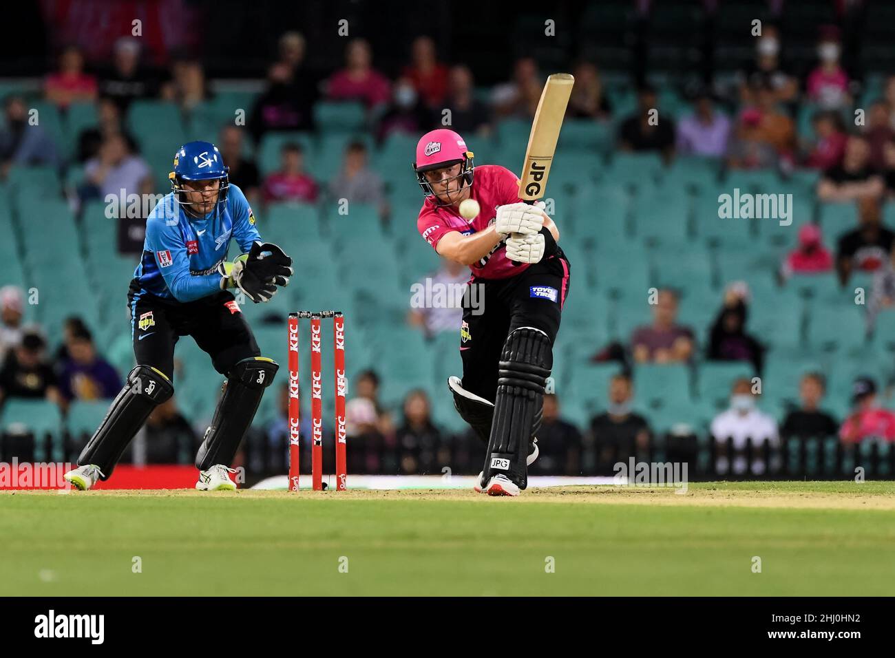 Sydney, Australia, 26 January, 2022. Hayden Kerr of the Sixers hits the ball during the Big Bash League Challenger cricket match between Sydney Sixers and Adelaide Strikers at The Sydney Cricket Ground on January 26, 2022 in Sydney, Australia. Credit: Steven Markham/Speed Media/Alamy Live News Stock Photo