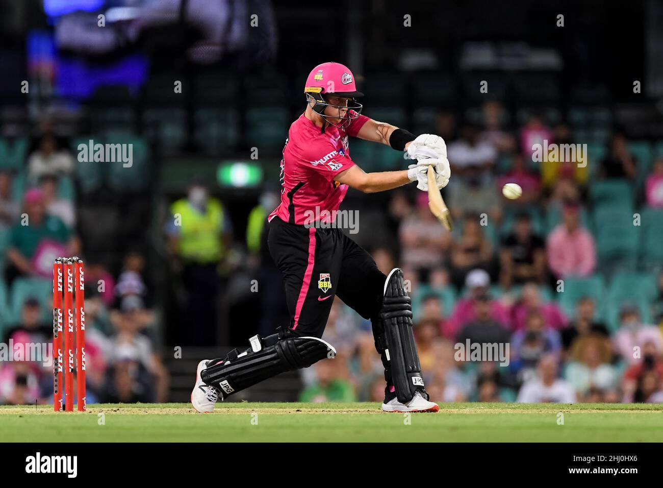 Sydney, Australia, 26 January, 2022. Sean Abbott of the Sixers hits the ball during the Big Bash League Challenger cricket match between Sydney Sixers and Adelaide Strikers at The Sydney Cricket Ground on January 26, 2022 in Sydney, Australia. Credit: Steven Markham/Speed Media/Alamy Live News Stock Photo