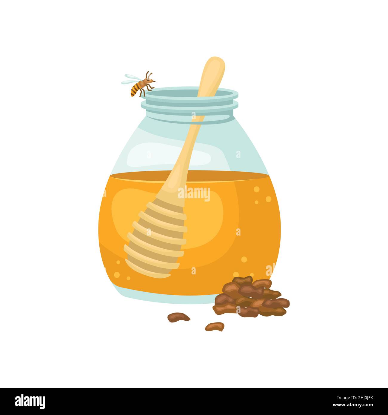 Vector illustration of a jar of honey and pieces of propolis. Biologically active additive. Stock Vector