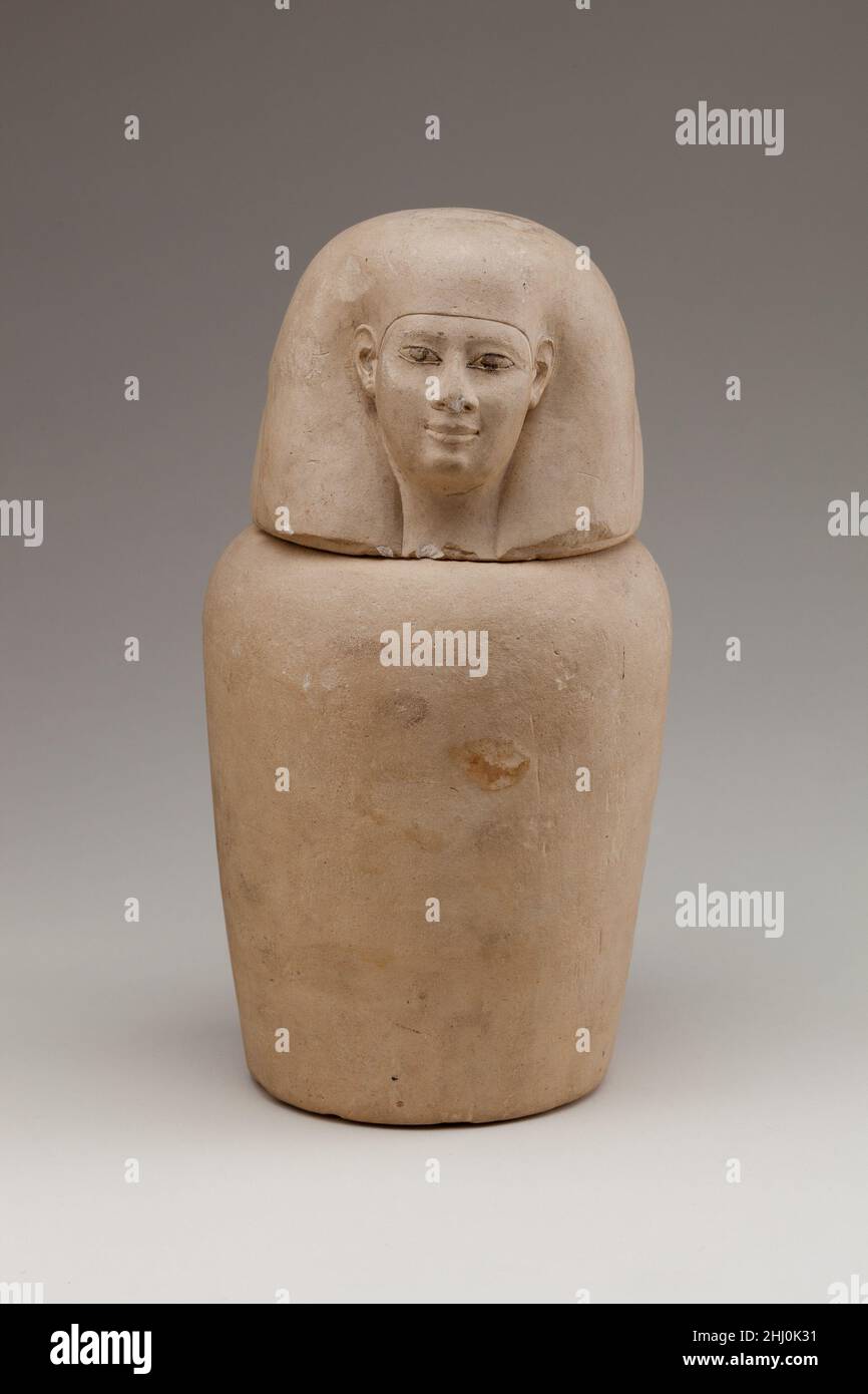 Canopic Jar 664–525 BC ? Late Period Canopic jars were made to contain the organs that were removed from the body in the process of mummification: the lungs, liver, intestines, and stomach. Each organ was protected by one of the Four Sons of Horus: Hapy (lungs), Imsety (liver), Duamutef (stomach), and Qebehsenuef (intestines). Beginning in the New Kingdom, canopic jar lids were usually carved with heads that identify these four protectors: the baboon head is Hapy, the human head is Imsety, the jackal head is Duamutef, and the falcon head is Qebehsenuef.This jar, with its human-headed lid proba Stock Photo