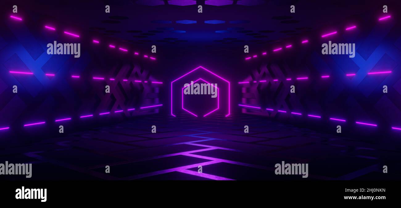 Galactic Cyber Warehouse Futuristic Interior Revolutionary Dim Lighting with Dark Orchid Colors Abstract Futuristic Background With Space For Text 3D Stock Photo
