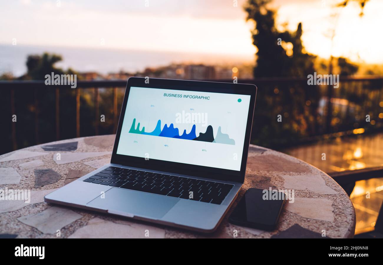 modern computer with graphic analytic charts on web dashboard staying at outdoors table Stock Photo