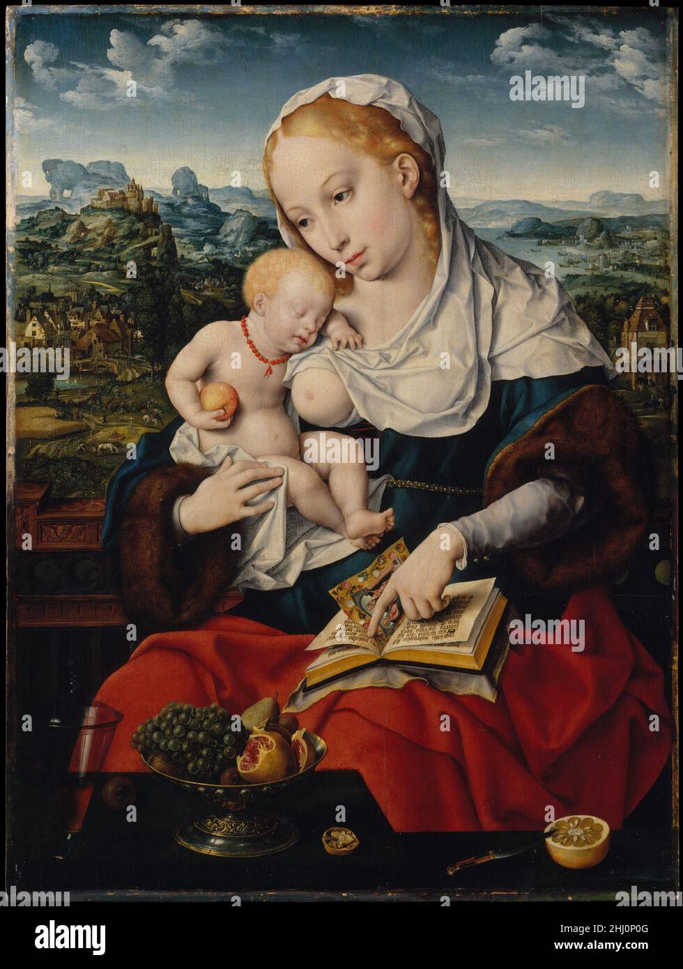 Virgin and Child ca. 1525 Joos van Cleve Netherlandish Two iconographic themes are combined in this splendid painting: the joys of motherhood and the sorrowful premonition of Christ's death. The sleeping infant is traditionally understood as a prefiguration of the dead Christ embraced by the Virgin, known as the Pietà. Contemplating her devotional reading, Mary points to her prayer book, in which two pages are legible. Taken from the Magnificat (Luke 1:54–55), celebrating the Annunciation, and the De Profundis (Psalm 130:1–2), used in the Mass for the dead, the verses foreshadow the Virgin’s r Stock Photo