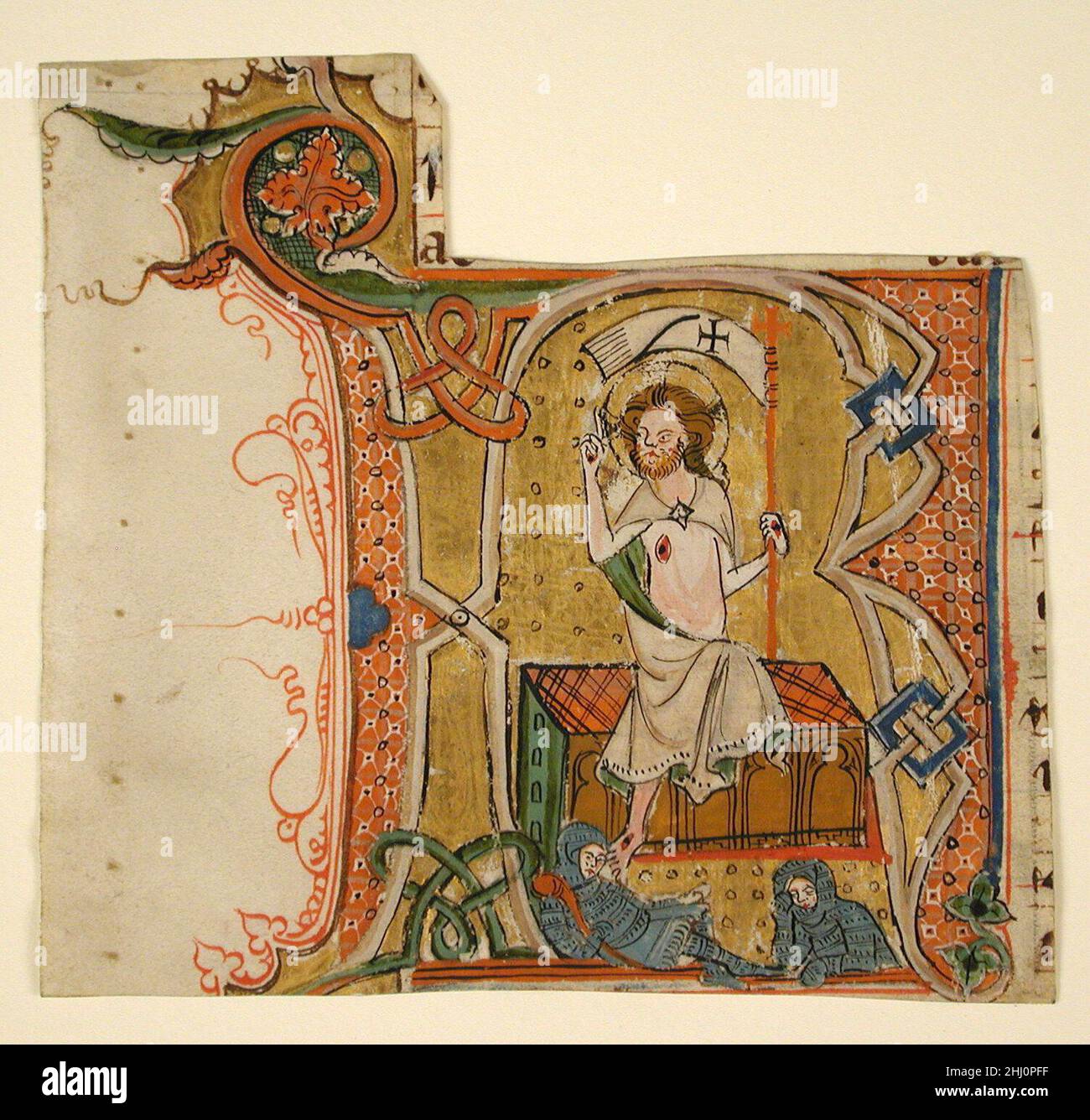 Manuscript Leaf Showing an Illuminated Initial R with The Resurrection late 13th century Rhenish. Manuscript Leaf Showing an Illuminated Initial R with The Resurrection. Rhenish. late 13th century. Parchment, tempera, ink, metal leaf. Manuscripts and Illuminations Stock Photo