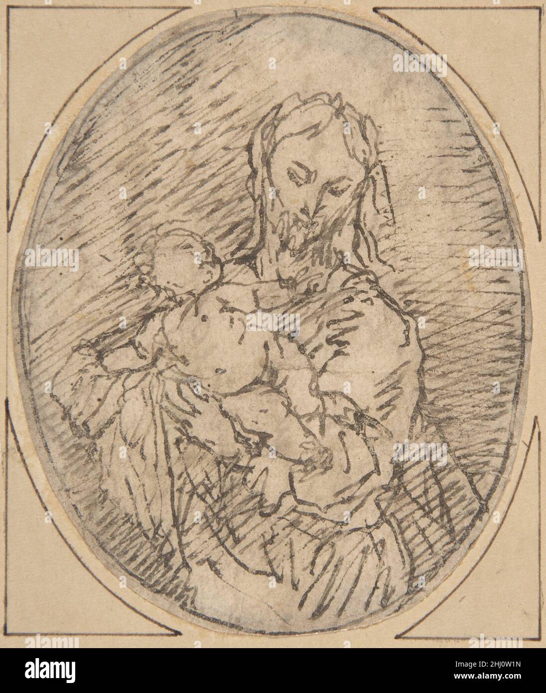 Madonna and Child [?] n.d. Circle of Alonso Cano Spanish. Madonna and Child [?]. Circle of Alonso Cano (Spanish, Granada 1601–1667 Granada). n.d.. Pen and dark brown ink on tan paper. Paper cut in an oval shape. Drawings Stock Photo