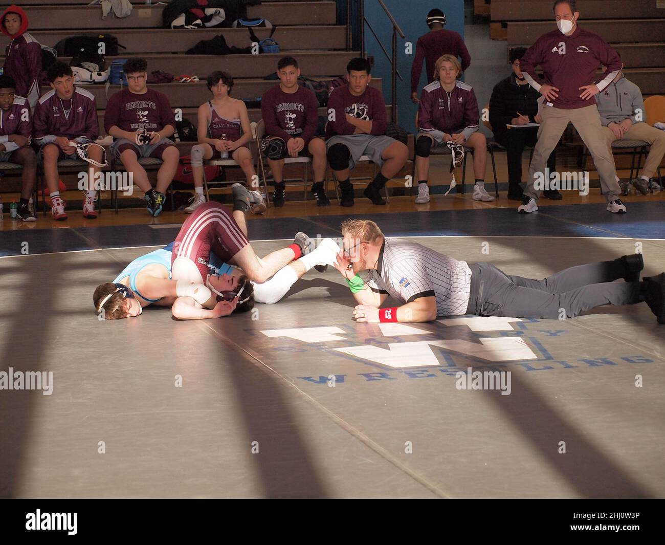 High school wrestling at Wyoming Seminary in Pennsylvania. Wyoming is ranked number 1 in the USA as of January 22nd Stock Photo