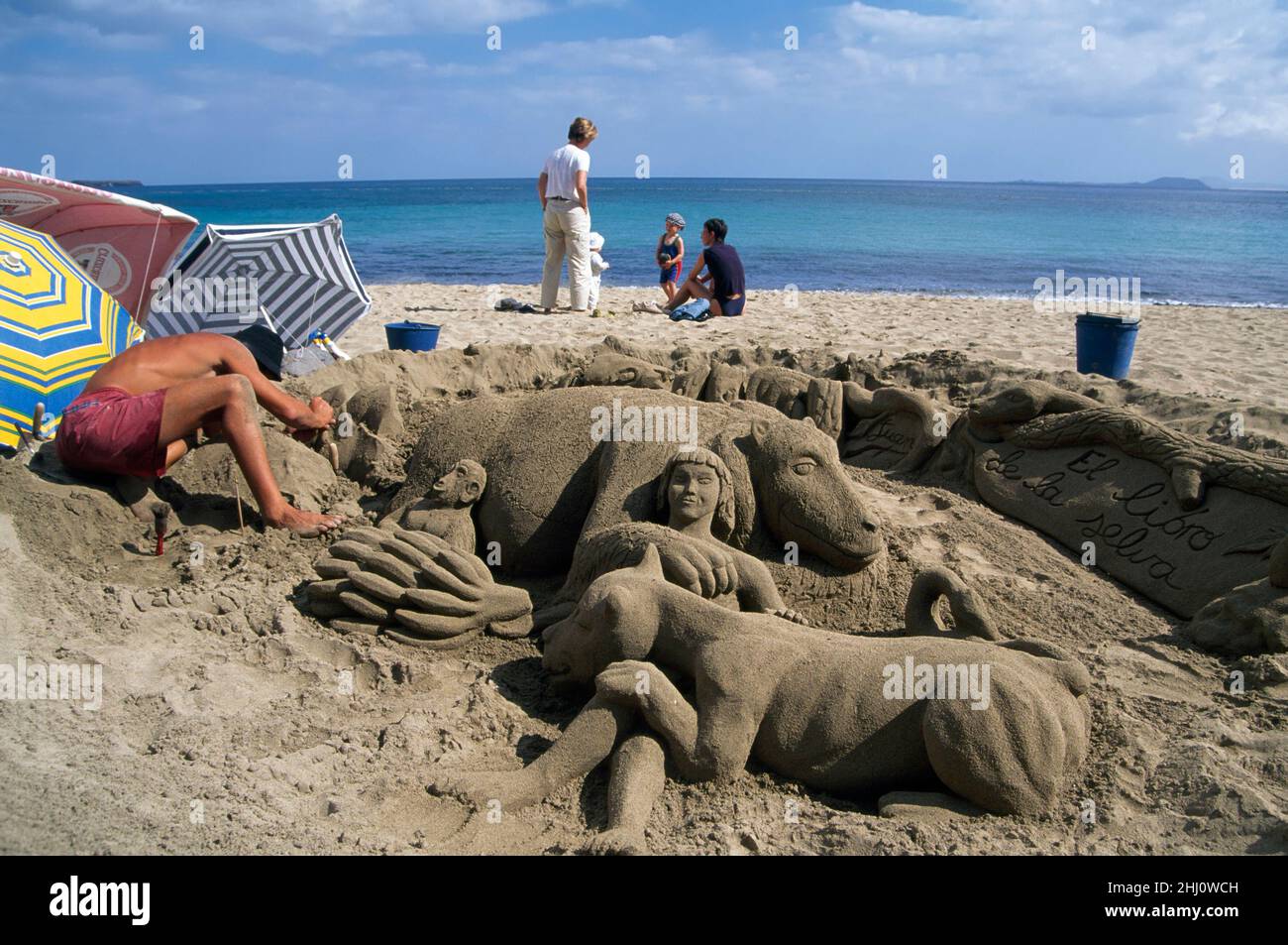 sand sculpture, Playa Blanca beach, Lanzarote, Canary Islands, Spain, Europe Stock Photo