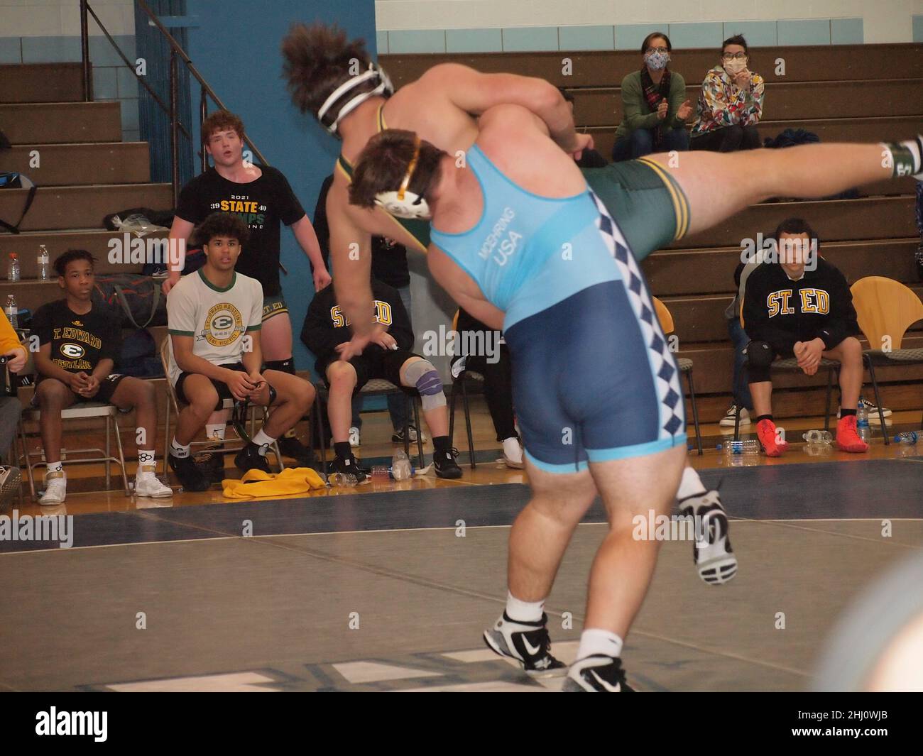 High school wrestling at Wyoming Seminary in Pennsylvania. Wyoming is ranked number 1 in the USA as of January 22nd Stock Photo